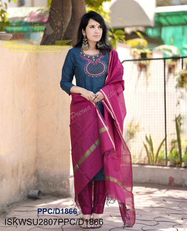 Handloom Silk Kurti With Silk Pant And Handloom Dupatta-ISKWSU2807PPC/D1866