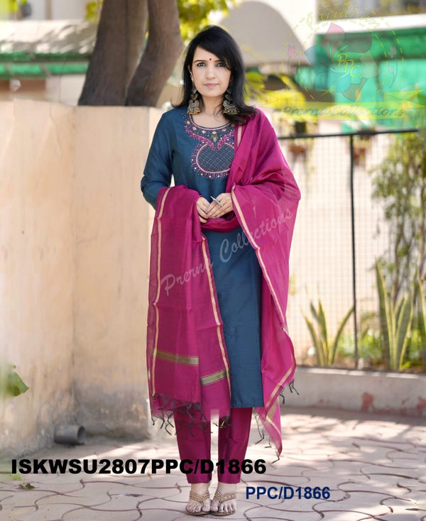 Handloom Silk Kurti With Silk Pant And Handloom Dupatta-ISKWSU2807PPC/D1866