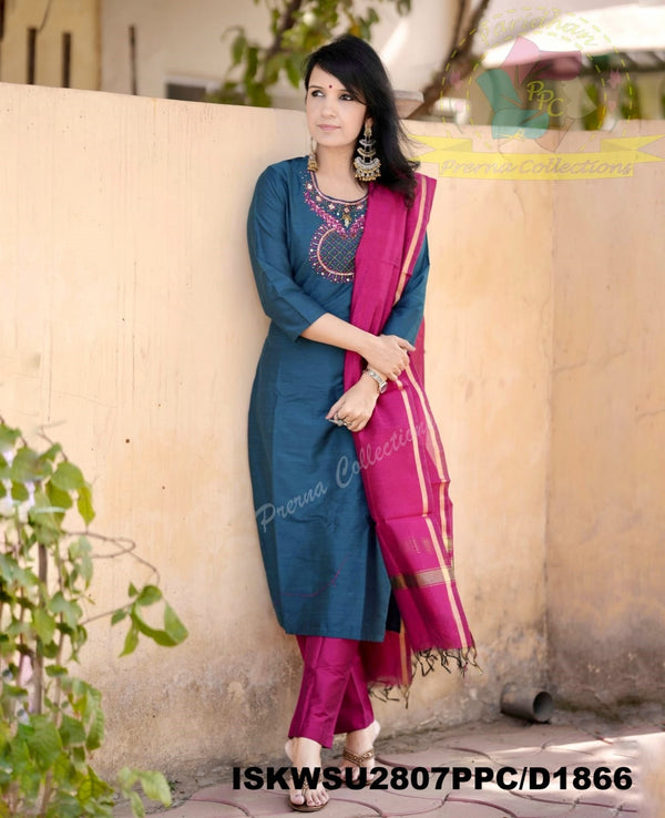 Handloom Silk Kurti With Silk Pant And Handloom Dupatta-ISKWSU2807PPC/D1866