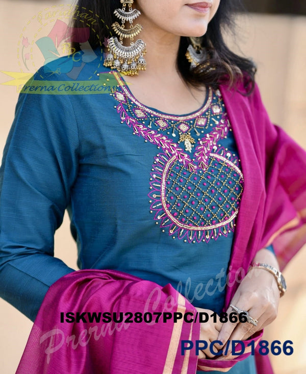 Handloom Silk Kurti With Silk Pant And Handloom Dupatta-ISKWSU2807PPC/D1866
