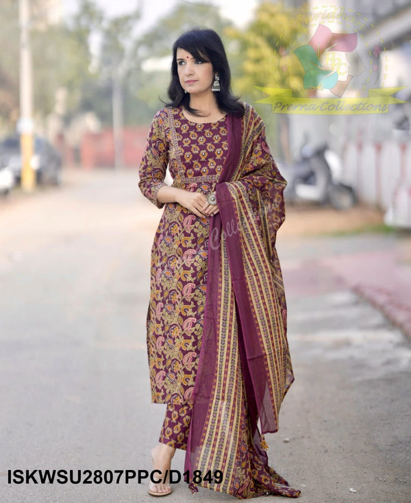 Kalamkari Printed Cotton Kurti With Block Printed Pant And Malmal Cotton Dupatta-ISKWSU2807PPC/D1849