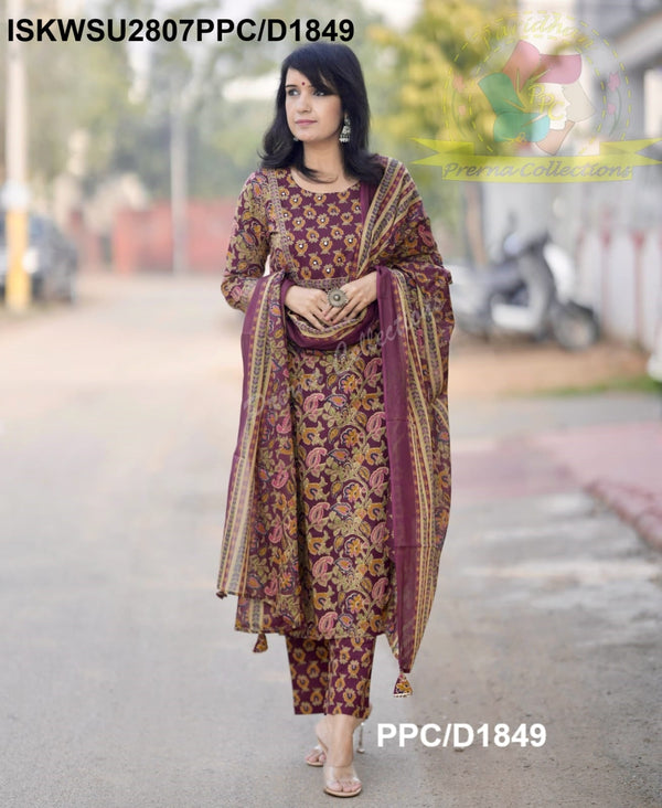 Kalamkari Printed Cotton Kurti With Block Printed Pant And Malmal Cotton Dupatta-ISKWSU2807PPC/D1849