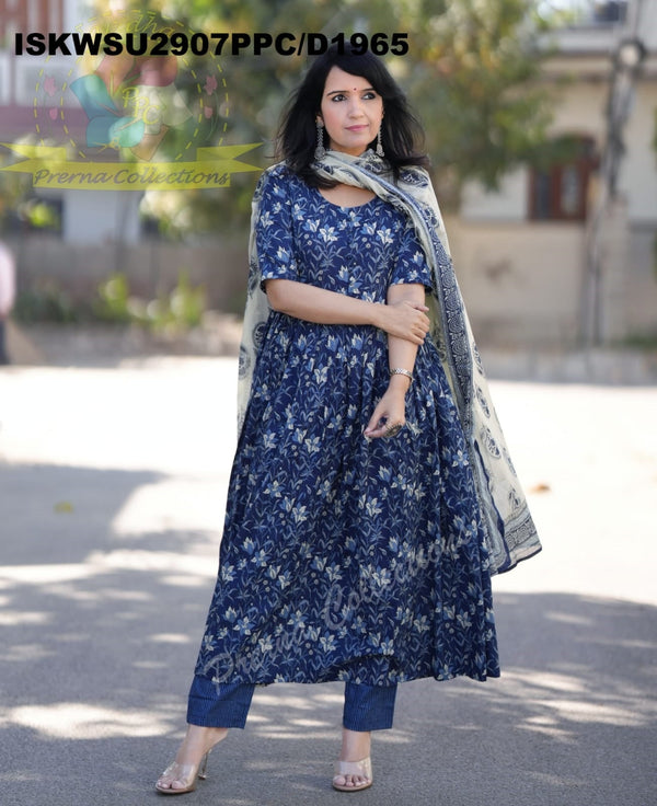 Kalamkari Printed Cotton Anarkali Kurti With Pant And Block Printed Malmal Cotton Dupatta-ISKWSU2907PPC/D1965