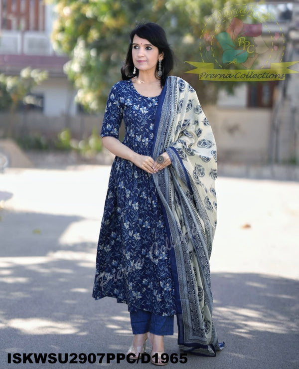 Kalamkari Printed Cotton Anarkali Kurti With Pant And Block Printed Malmal Cotton Dupatta-ISKWSU2907PPC/D1965
