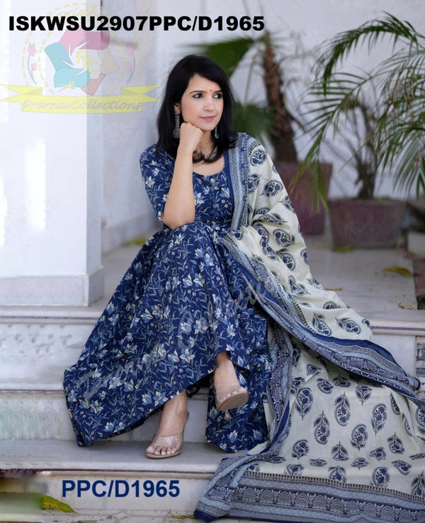 Kalamkari Printed Cotton Anarkali Kurti With Pant And Block Printed Malmal Cotton Dupatta-ISKWSU2907PPC/D1965