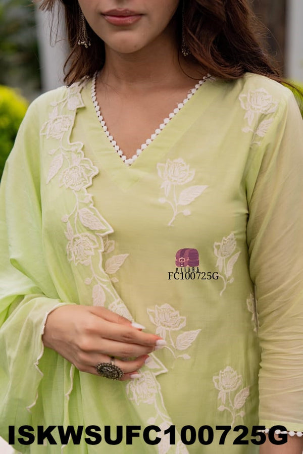 Embroidered Malmal Cotton Kurti With Cotton Pant And Dupatta-ISKWSUFC100725G/FC100725B