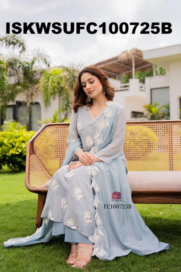Embroidered Malmal Cotton Kurti With Cotton Pant And Dupatta-ISKWSUFC100725G/FC100725B
