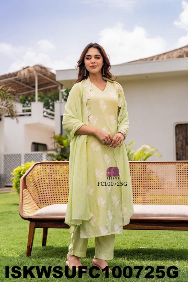 Embroidered Malmal Cotton Kurti With Cotton Pant And Dupatta-ISKWSUFC100725G/FC100725B