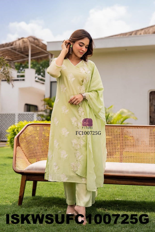 Embroidered Malmal Cotton Kurti With Cotton Pant And Dupatta-ISKWSUFC100725G/FC100725B
