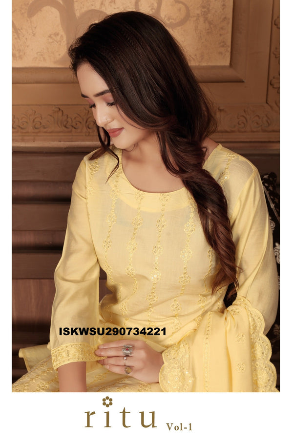 Embroidered Chanderi Kurti With Pant And Dupatta-ISKWSU290734221