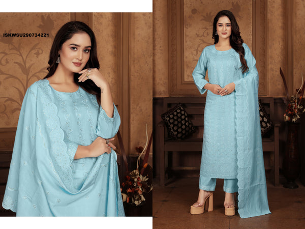 Embroidered Chanderi Kurti With Pant And Dupatta-ISKWSU290734221