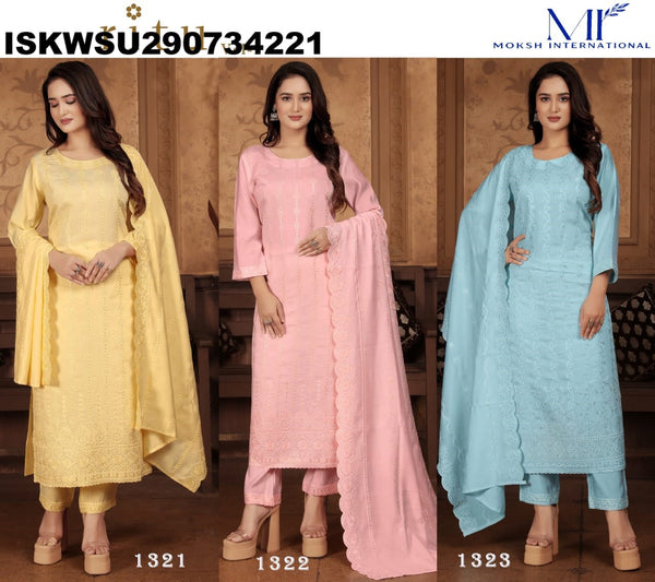 Embroidered Chanderi Kurti With Pant And Dupatta-ISKWSU290734221