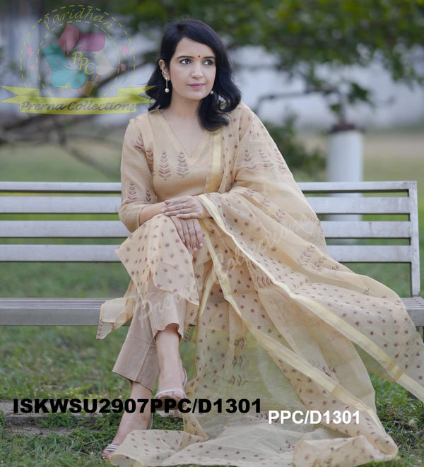 Block Printed Kota Doriya Kurti With Cotton Pant And Doriya Dupatta-ISKWSU2907PPC/D1301