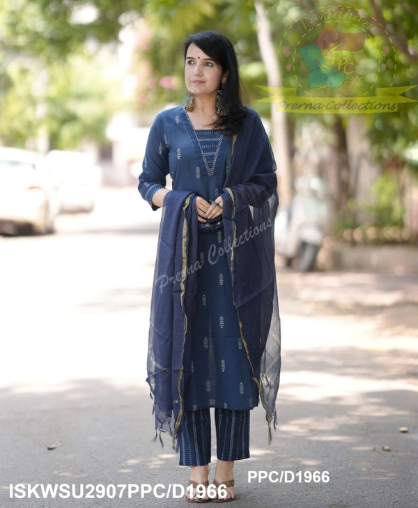 Hand Weaved Cotton Kurti With Pant And Kota Doriya Dupatta-ISKWSU2907PPC/D1966