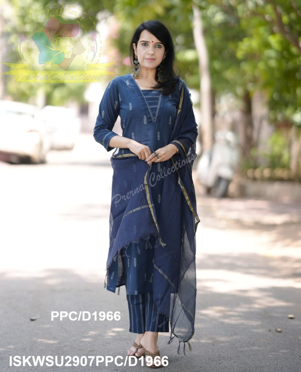 Hand Weaved Cotton Kurti With Pant And Kota Doriya Dupatta-ISKWSU2907PPC/D1966