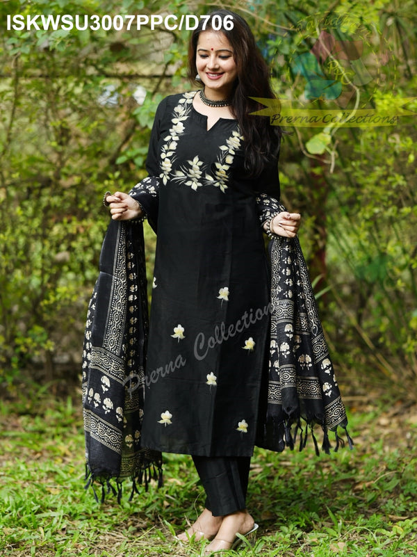 Hand Printed Silk Kurti With Pant And Dupatta-ISKWSU3007PPC/D1371