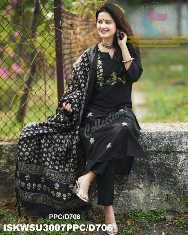 Hand Printed Silk Kurti With Pant And Dupatta-ISKWSU3007PPC/D1371