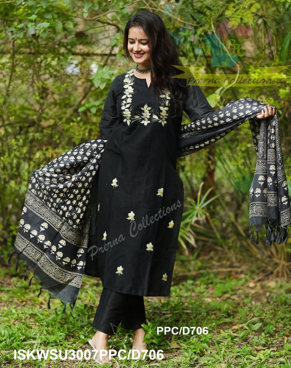 Hand Printed Silk Kurti With Pant And Dupatta-ISKWSU3007PPC/D1371