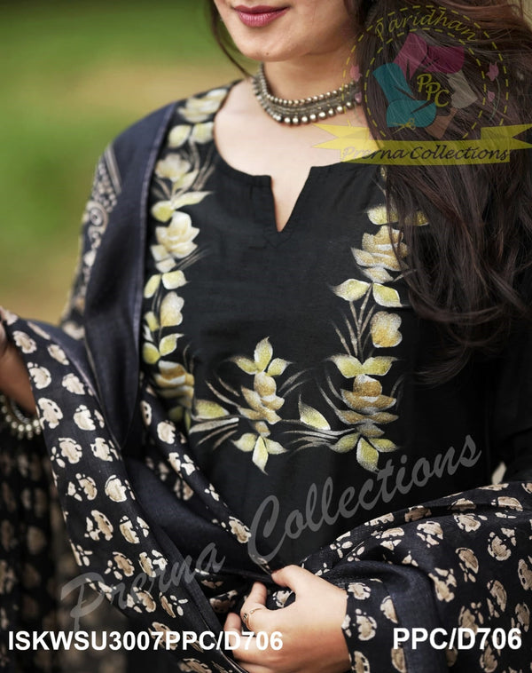Hand Printed Silk Kurti With Pant And Dupatta-ISKWSU3007PPC/D1371