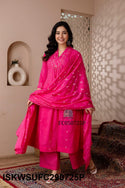 Ikkat Printed Cotton Kurti With Striped Pant And Dupatta-ISKWSUFC050725P/FC290725G