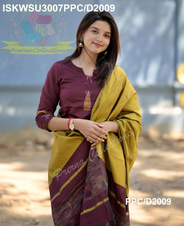 Ikkat Printed Silk Kurti With Pant And Dupatta-ISKWSU3007PPC/D2009