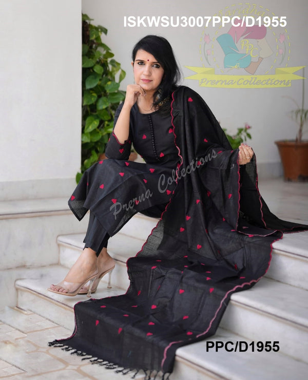 Embroidered Cotton Kurti With Pant And Dupatta-ISKWSU3007PPC/D1955