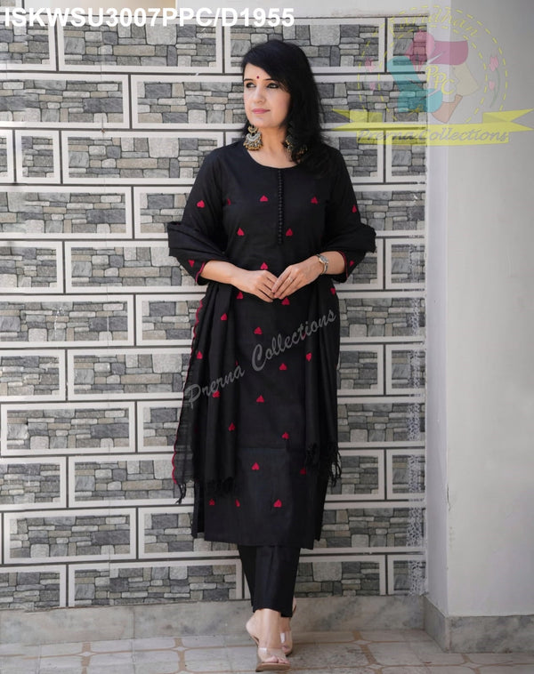 Embroidered Cotton Kurti With Pant And Dupatta-ISKWSU3007PPC/D1955