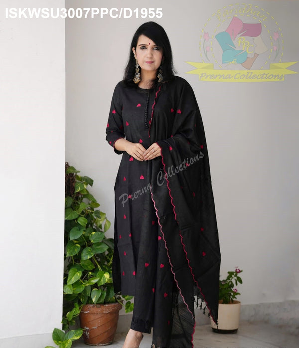 Embroidered Cotton Kurti With Pant And Dupatta-ISKWSU3007PPC/D1955