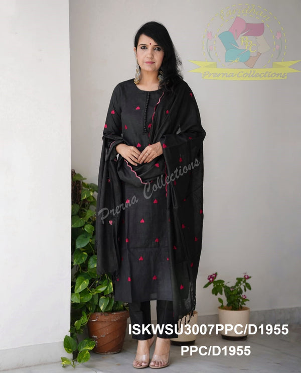 Embroidered Cotton Kurti With Pant And Dupatta-ISKWSU3007PPC/D1955