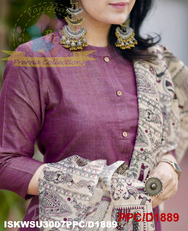 Khadi Cotton Kurti With Khadi Pant And Madhubani Printed Dupatta-ISKWSU3007PPC/D1889