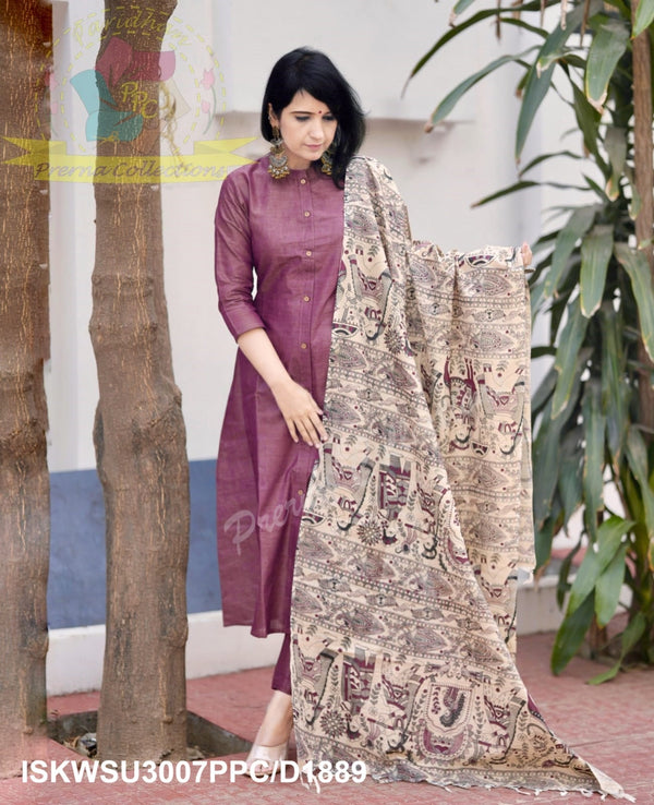 Khadi Cotton Kurti With Khadi Pant And Madhubani Printed Dupatta-ISKWSU3007PPC/D1889
