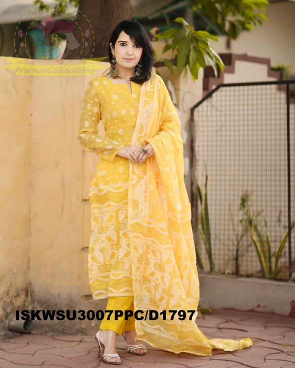 Jamdani Hand Weaved Cotton Kurti With Pant And Dupatta-ISKWSU3007PPC/D1797