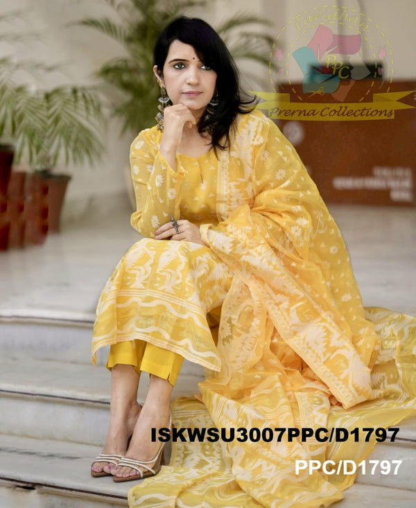 Jamdani Hand Weaved Cotton Kurti With Pant And Dupatta-ISKWSU3007PPC/D1797