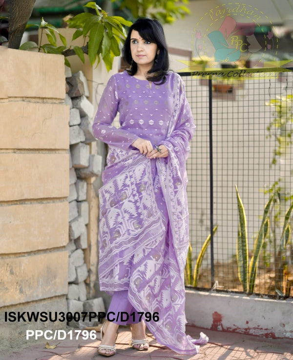 Jamdani Hand Weaved Cotton Kurti With Pant And Dupatta-ISKWSU3007PPC/D1796