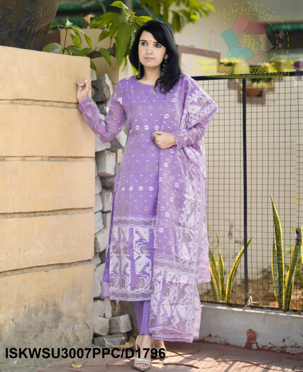 Jamdani Hand Weaved Cotton Kurti With Pant And Dupatta-ISKWSU3007PPC/D1796