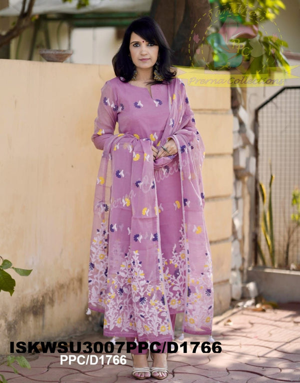 Hand Weaved Jamdani Cotton Kurti With Pant And Woven Dupatta-ISKWSU3007PPC/D1766