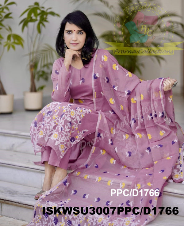 Hand Weaved Jamdani Cotton Kurti With Pant And Woven Dupatta-ISKWSU3007PPC/D1766