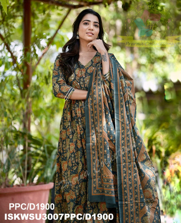 Kalamkari Printed Cotton Anarkali Kurti With Pant And Malmal Cotton Dupatta-ISKWSU3007PPC/D1900