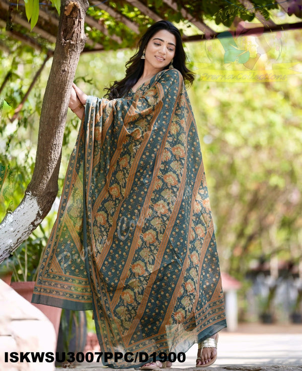 Kalamkari Printed Cotton Anarkali Kurti With Pant And Malmal Cotton Dupatta-ISKWSU3007PPC/D1900