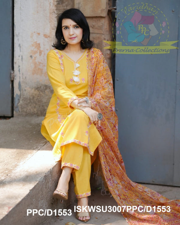Embroidered Khadi Cotton Kurti With Pant And Hand Block Printed Kota Doriya Dupatta-ISKWSU3007PPC/D1553