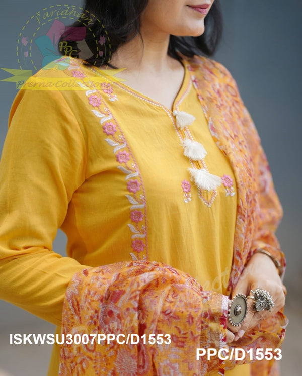Embroidered Khadi Cotton Kurti With Pant And Hand Block Printed Kota Doriya Dupatta-ISKWSU3007PPC/D1553