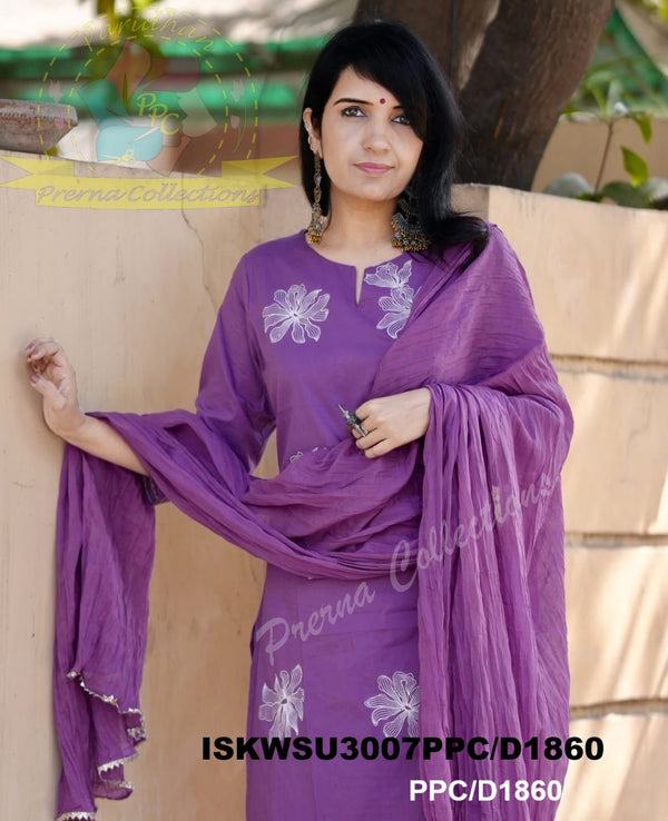 Embroidered Cotton Kurti With Pant And Malmal Cotton Dupatta-ISKWSU3007PPC/D1860