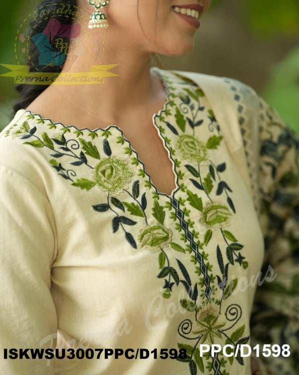 Embroidered Handloom Cotton Kurti With Pant And Kalamkari Printed Khadi Silk Dupatta-ISKWSU3007PPC/D1598
