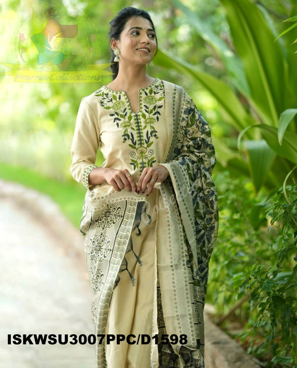 Embroidered Handloom Cotton Kurti With Pant And Kalamkari Printed Khadi Silk Dupatta-ISKWSU3007PPC/D1598