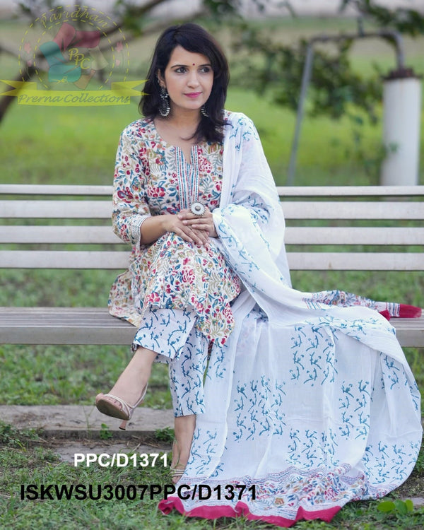 Hand Block Printed Cotton Kurti With Pant And Dupatta-ISKWSU3007PPC/D1371