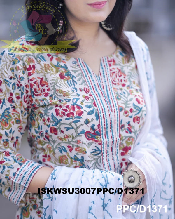 Hand Block Printed Cotton Kurti With Pant And Dupatta-ISKWSU3007PPC/D1371