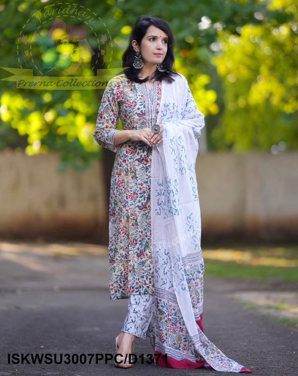 Hand Block Printed Cotton Kurti With Pant And Dupatta-ISKWSU3007PPC/D1371