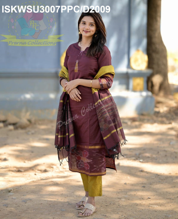 Ikkat Printed Silk Kurti With Pant And Dupatta-ISKWSU3007PPC/D2009