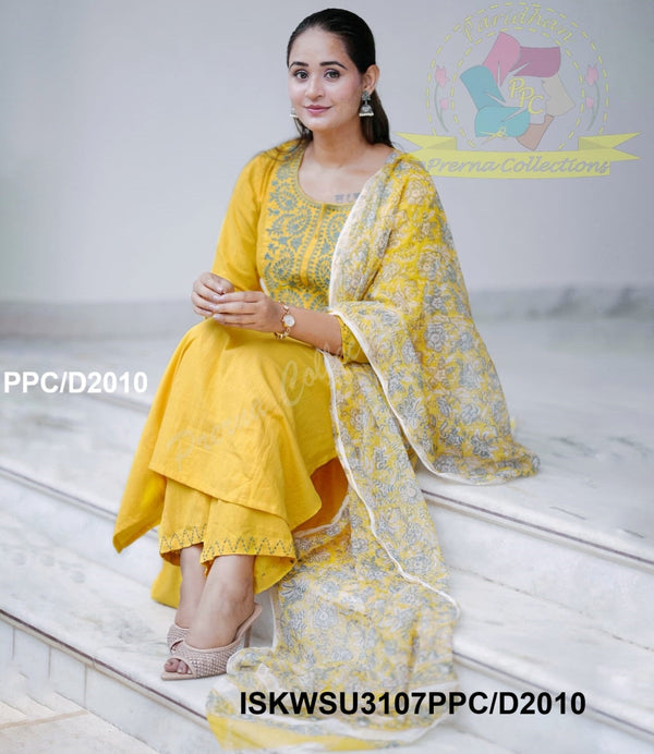 Khadi Cotton A-Line Kurti With Palazzo And Hand Block Printed Kota Doriya Dupatta-ISKWSU3107PPC/D2010
