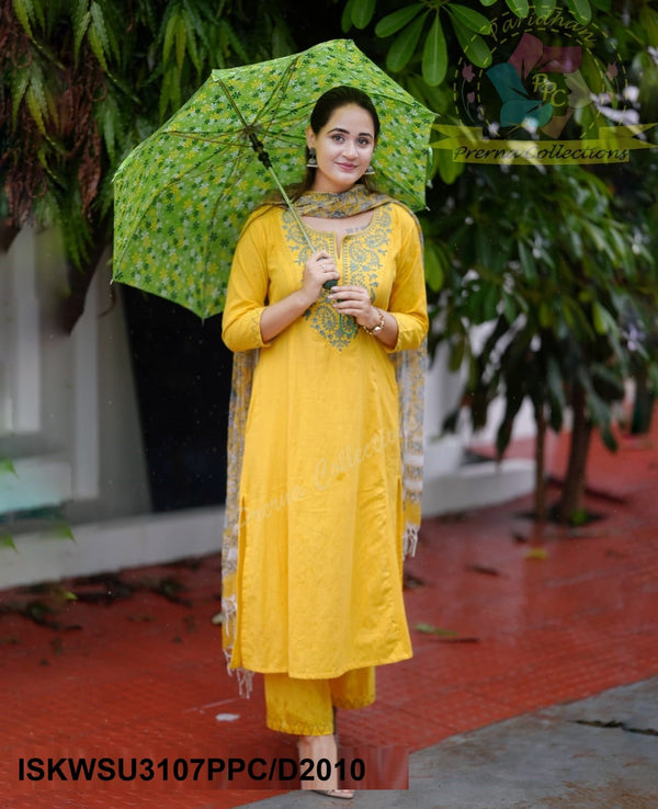 Khadi Cotton A-Line Kurti With Palazzo And Hand Block Printed Kota Doriya Dupatta-ISKWSU3107PPC/D2010